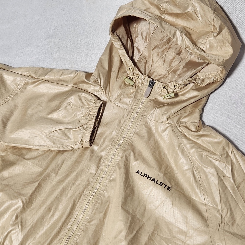 womens ALPHALETE‎ Windbreaker Jacket Beige full-zip Hooded cinch waist XS